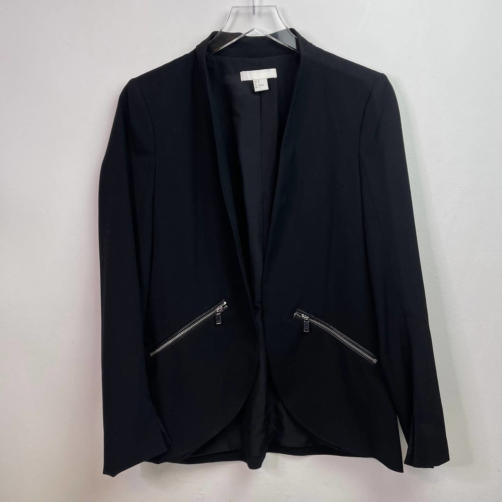 H&M Black Blazer Jacket Zipper Pockets Long Line Open Front — Women's Size 6 EUC